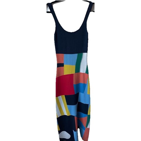 Staud Katie Dress Patch Print Knit Midi Blue Multi Square Neck Sleeveless Sz XS - Picture 7 of 8